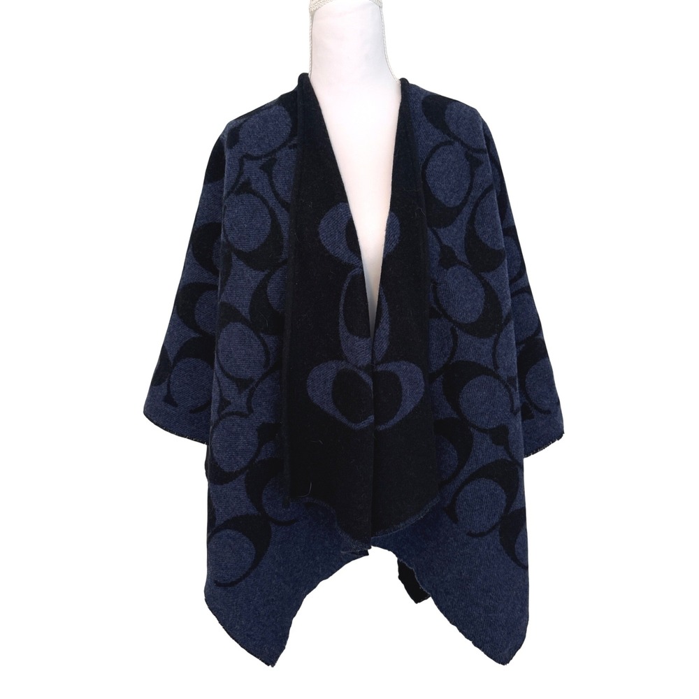 Coach Poncho Wrap Womens OS Navy Blue Black Reversible Signature C Logo Cape